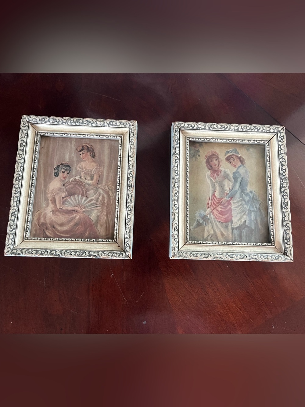 Antique Style Pink & Cream Art Prints - Set of 2 - in Carved Wooden Frames